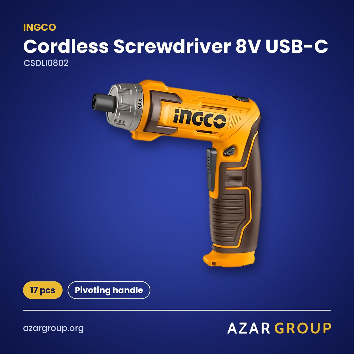 INGCO CSDLI0802 Cordless Screwdriver 8V USB-C – 17 pcs, Pivoting handle