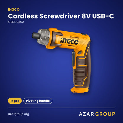 INGCO CSDLI0802 Cordless Screwdriver 8V USB-C – 17 pcs, Pivoting handle