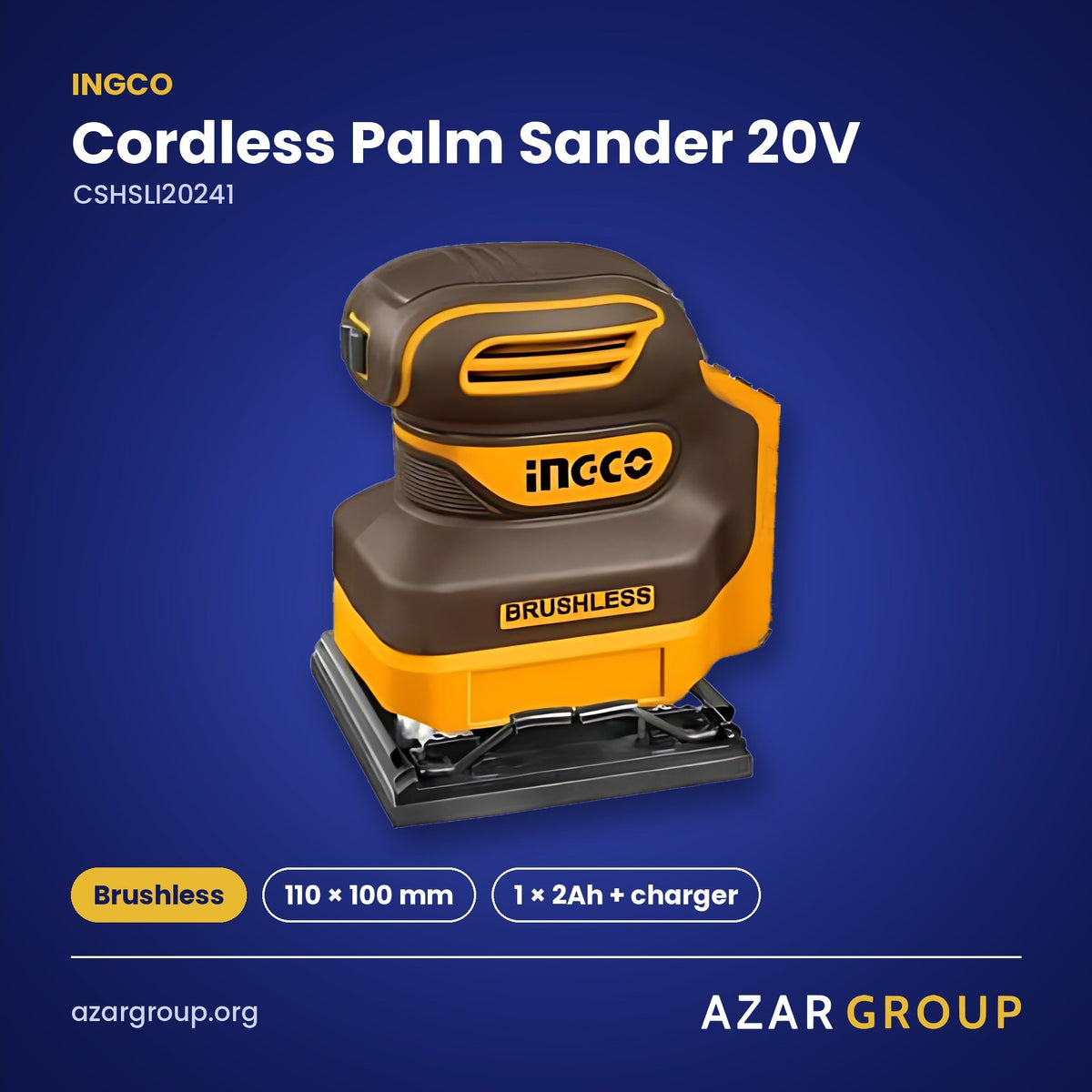 INGCO CSHSLI20241 Cordless Palm Sander 20V – Brushless, 110 × 100 mm, 1 × 2Ah + charger