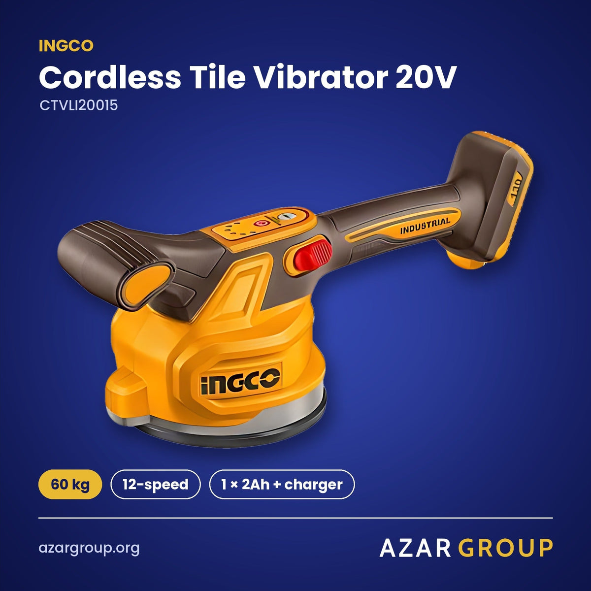 INGCO CTVLI20015 Cordless Tile Vibrator 20V – 60 kg, 12-speed, 1 × 2Ah + charger