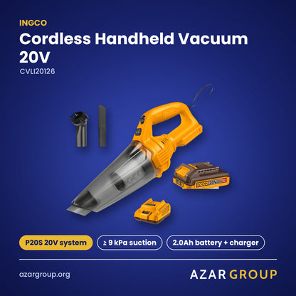 INGCO CVLI20126 Cordless Handheld Vacuum 20V – P20S 20V system, ≥ 9 kPa suction, 2.0Ah battery + charger