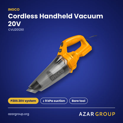 INGCO CVLI201261 Cordless Handheld Vacuum 20V – P20S 20V system, ≥ 9 kPa suction, Bare tool