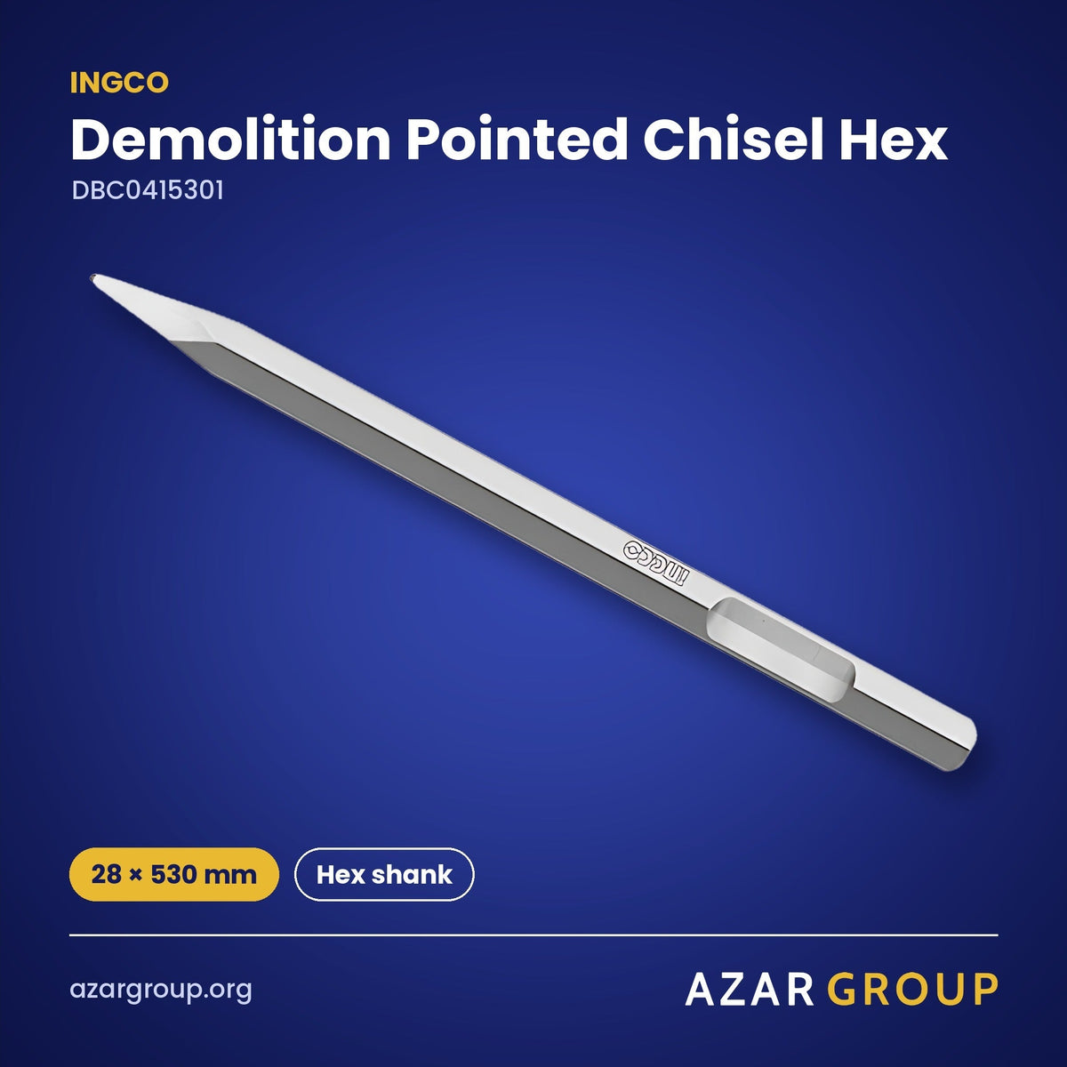 INGCO DBC0415301 Demolition Pointed Chisel Hex – 28 × 530 mm, Hex shank