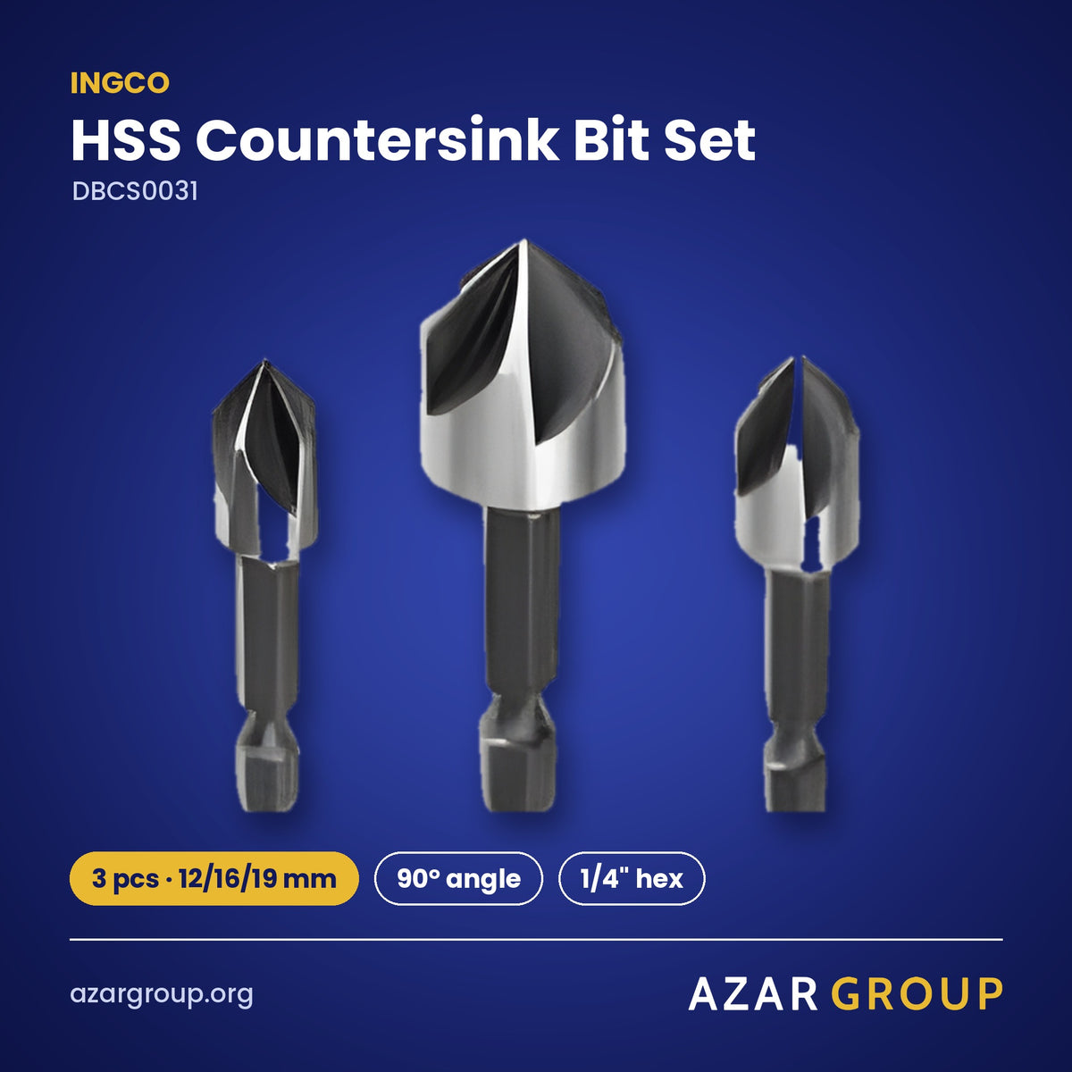 INGCO DBCS0031 HSS Countersink Bit Set – 3 pcs · 12/16/19 mm, 90° angle, 1/4″ hex