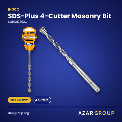 INGCO DBH1212202C SDS-Plus 4-Cutter Masonry Bit – 22 × 310 mm, 4 cutters