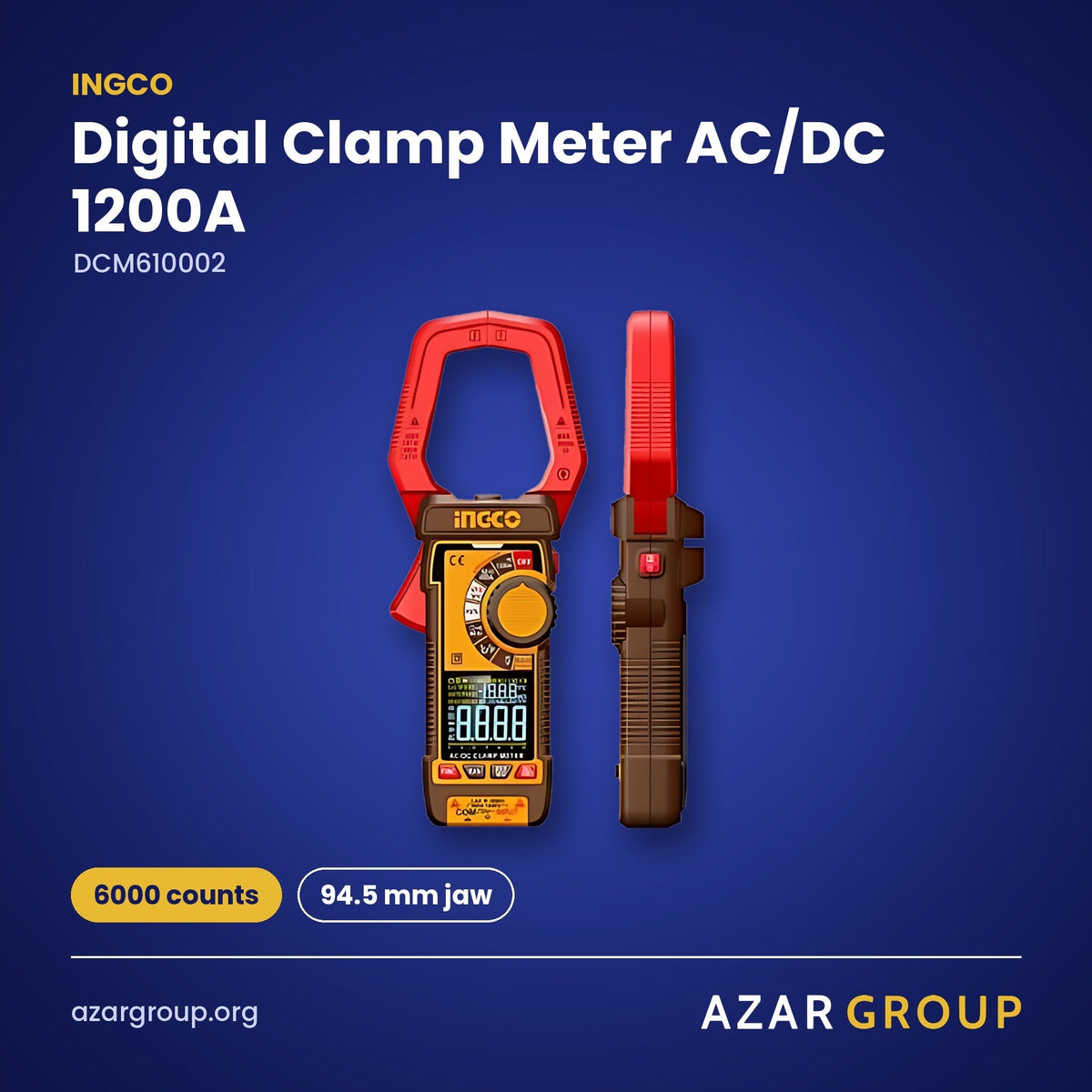 INGCO DCM610002 Digital Clamp Meter AC/DC 1200A – 6000 counts, 94.5 mm jaw
