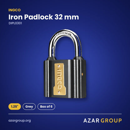 INGCO DIPL0301 Iron Padlock 32 mm – 1.25", Grey, Box of 6