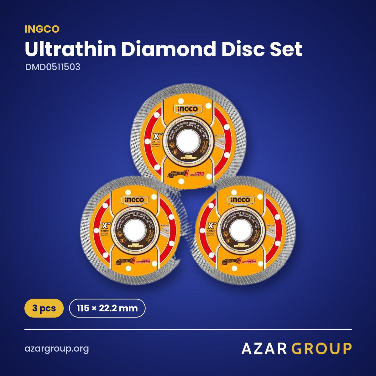 INGCO DMD0511503 Ultrathin Diamond Disc Set – 3 pcs, 115 × 22.2 mm