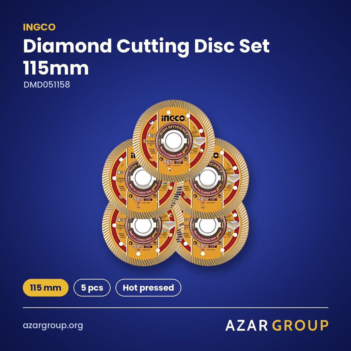 INGCO DMD051158 Diamond Cutting Disc Set 115mm – 115 mm, 5 pcs, Hot pressed