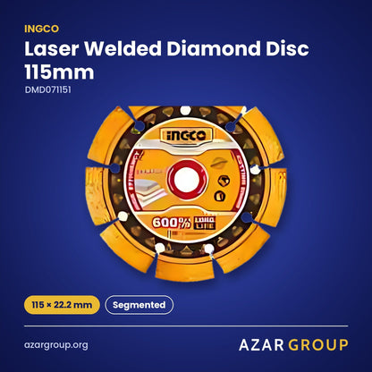 INGCO DMD071151 Laser Welded Diamond Disc 115mm – 115 × 22.2 mm, Segmented