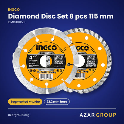 INGCO DMD301153 Diamond Disc Set 8 pcs 115 mm – Segmented + turbo, 22.2 mm bore