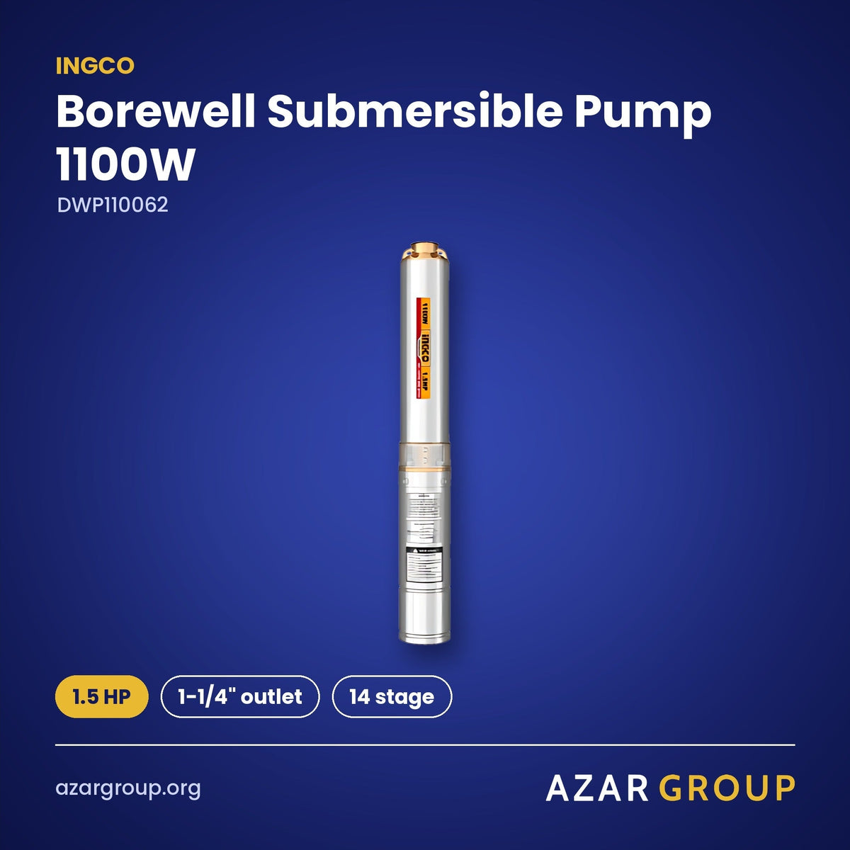 INGCO DWP110062 Borewell Submersible Pump 1100W – 1.5 HP, 1-1/4" outlet, 14 stage
