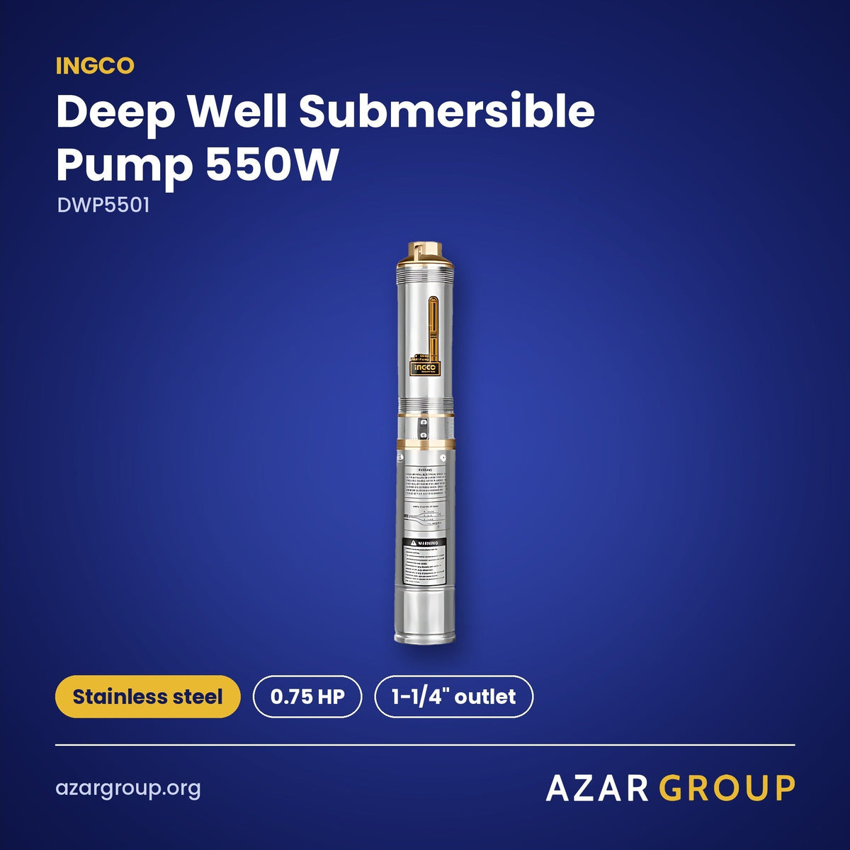 INGCO DWP5501 Deep Well Submersible Pump 550W – Stainless steel, 0.75 HP, 1-1/4" outlet