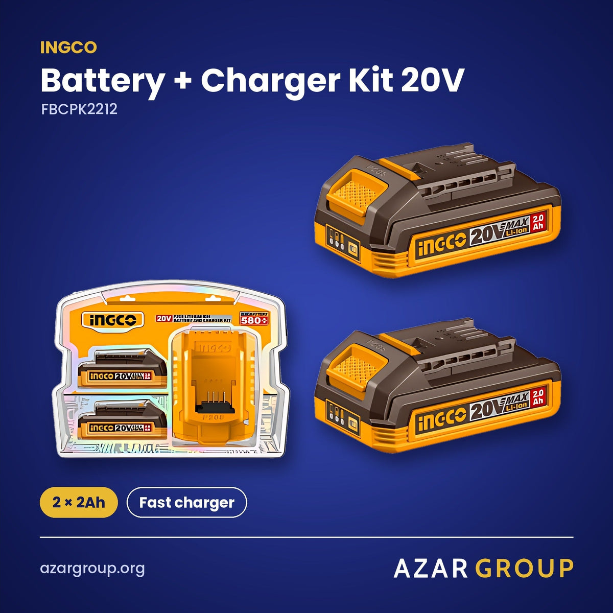 INGCO FBCPK2212 Battery + Charger Kit 20V – 2 × 2Ah, Fast charger