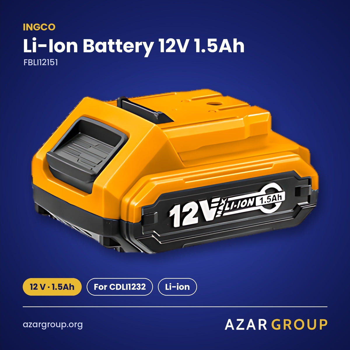 INGCO FBLI12151 Li-Ion Battery 12V 1.5Ah – 12 V · 1.5Ah, For CDLI1232, Li-ion