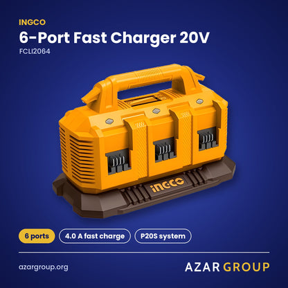 INGCO FCLI2064 6-Port Fast Charger 20V – 6 ports, 4.0 A fast charge, P20S system