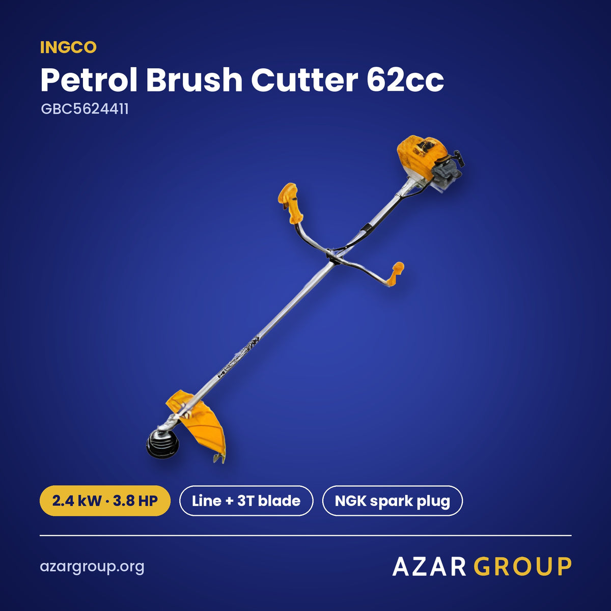 INGCO GBC5624411 Petrol Brush Cutter 62cc – 2.4 kW · 3.8 HP, Line + 3T blade, NGK spark plug