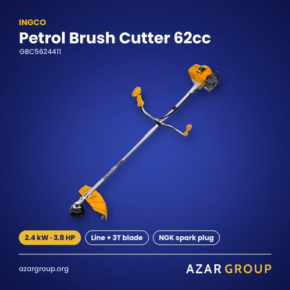 INGCO GBC5624411 Petrol Brush Cutter 62cc – 2.4 kW · 3.8 HP, Line + 3T blade, NGK spark plug