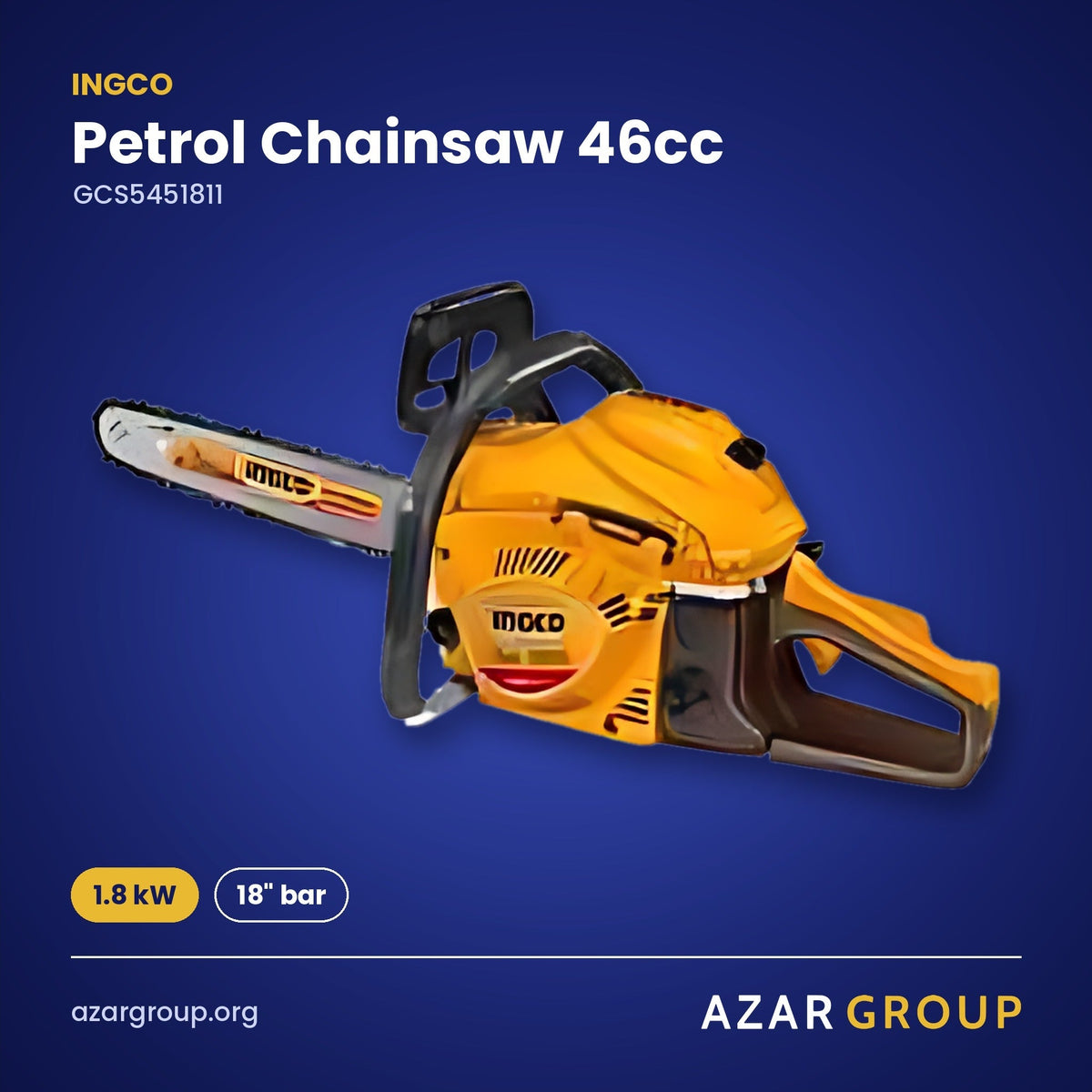 INGCO GCS5451811 Petrol Chainsaw 46cc – 1.8 kW, 18" bar