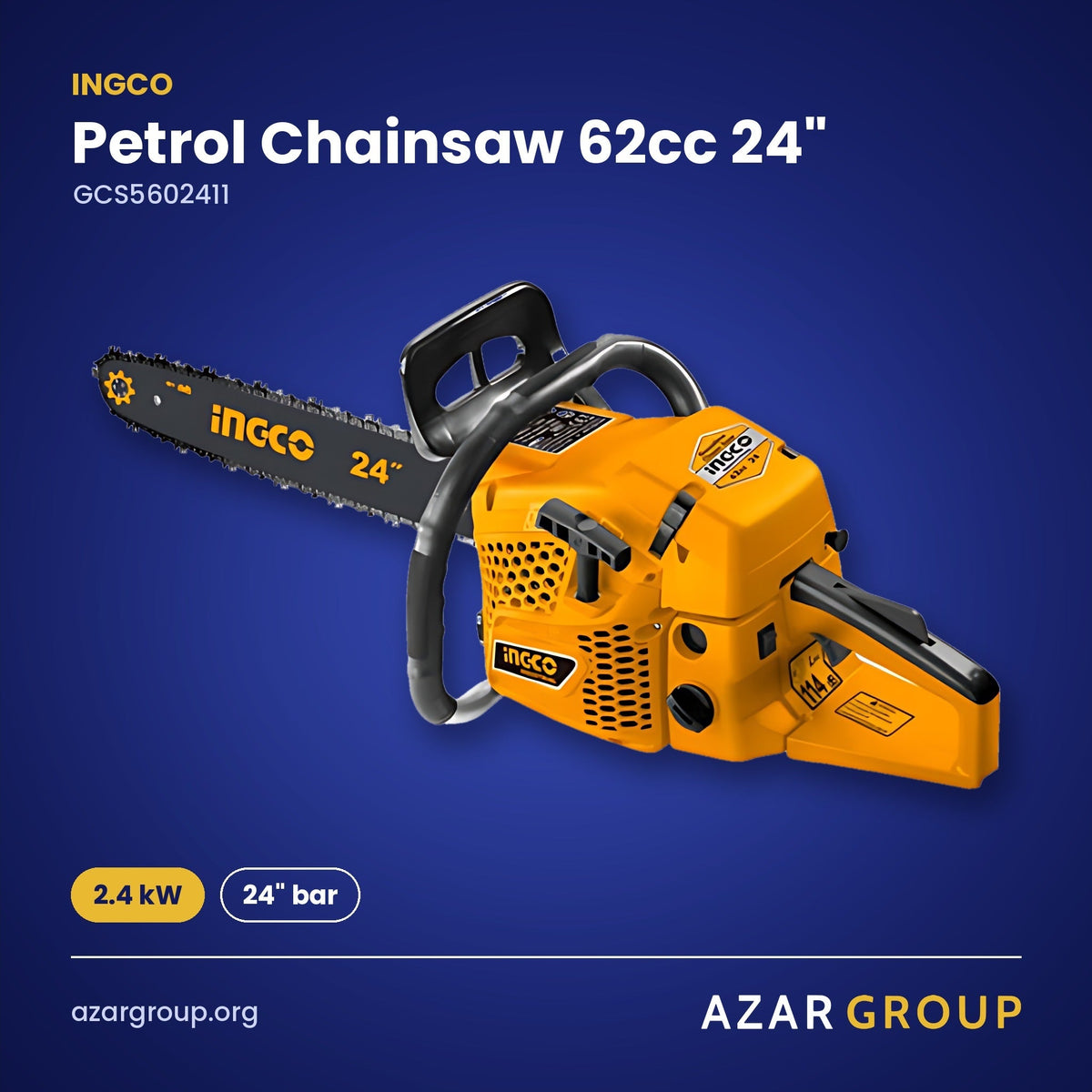 INGCO GCS5602411 Petrol Chainsaw 62cc 24" – 2.4 kW, 24" bar