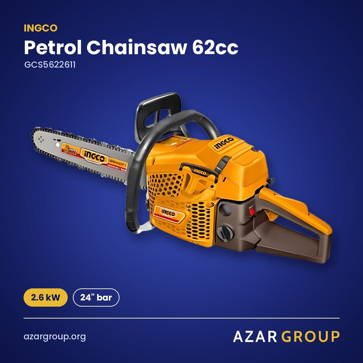 INGCO GCS5622611 Petrol Chainsaw 62cc – 2.6 kW, 24" bar