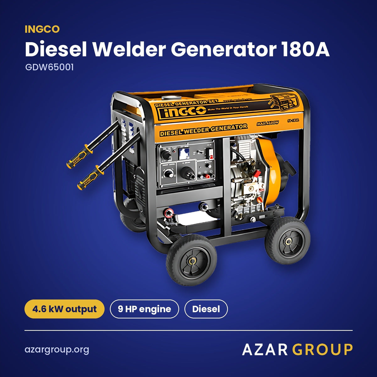 INGCO GDW65001 Diesel Welder Generator 180A – 4.6 kW output, 9 HP engine, Diesel