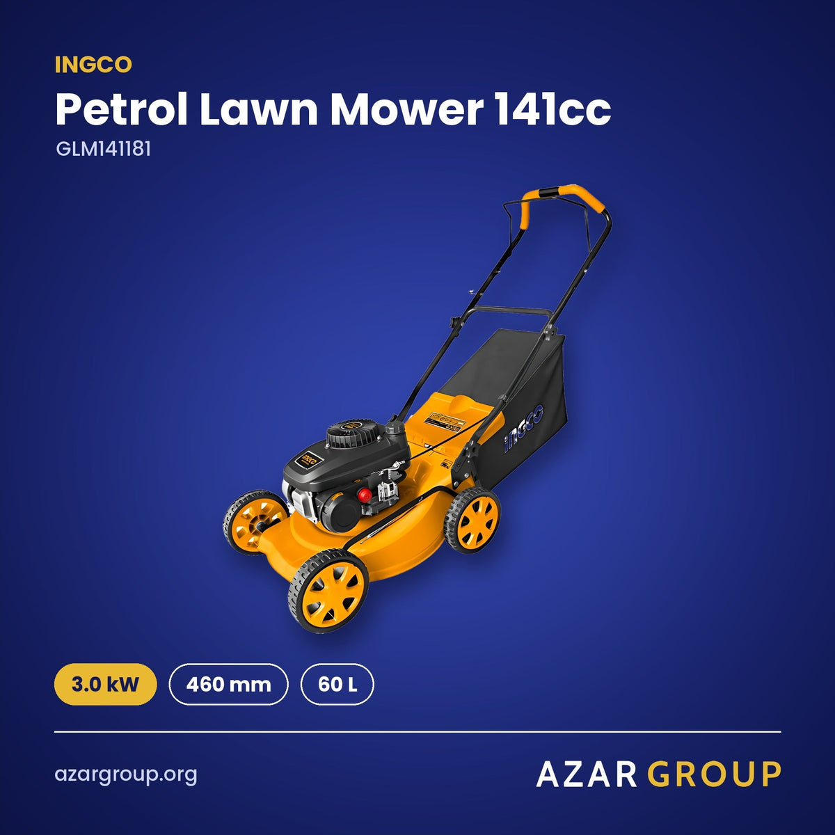 INGCO GLM141181 Petrol Lawn Mower 141cc – 3.0 kW, 460 mm, 60 L