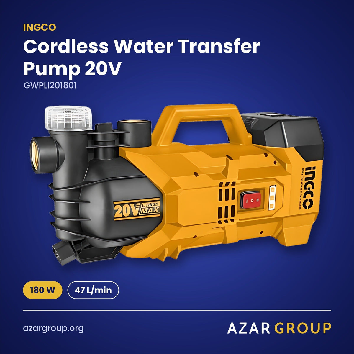 INGCO GWPLI201801 Cordless Water Transfer Pump 20V – 180 W, 47 L/min