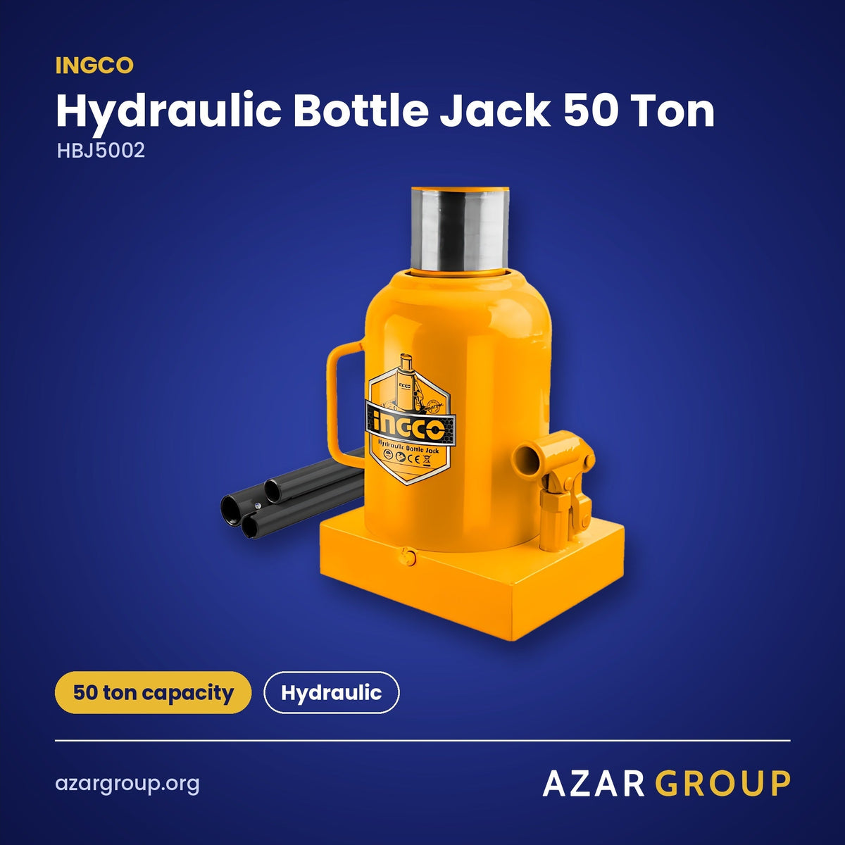 INGCO HBJ5002 Hydraulic Bottle Jack 50 Ton – 50 ton capacity, Hydraulic