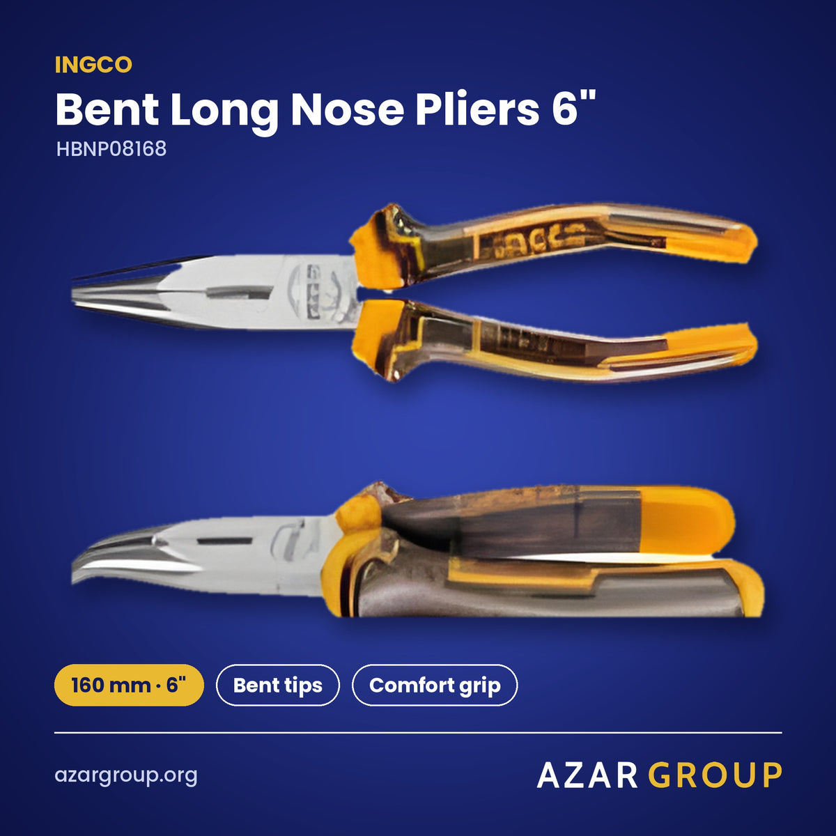 INGCO HBNP08168 Bent Long Nose Pliers 6″ – 160 mm · 6″, Bent tips, Comfort grip