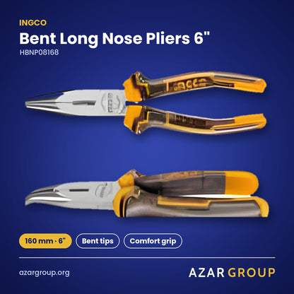 INGCO HBNP08168 Bent Long Nose Pliers 6″ – 160 mm · 6″, Bent tips, Comfort grip
