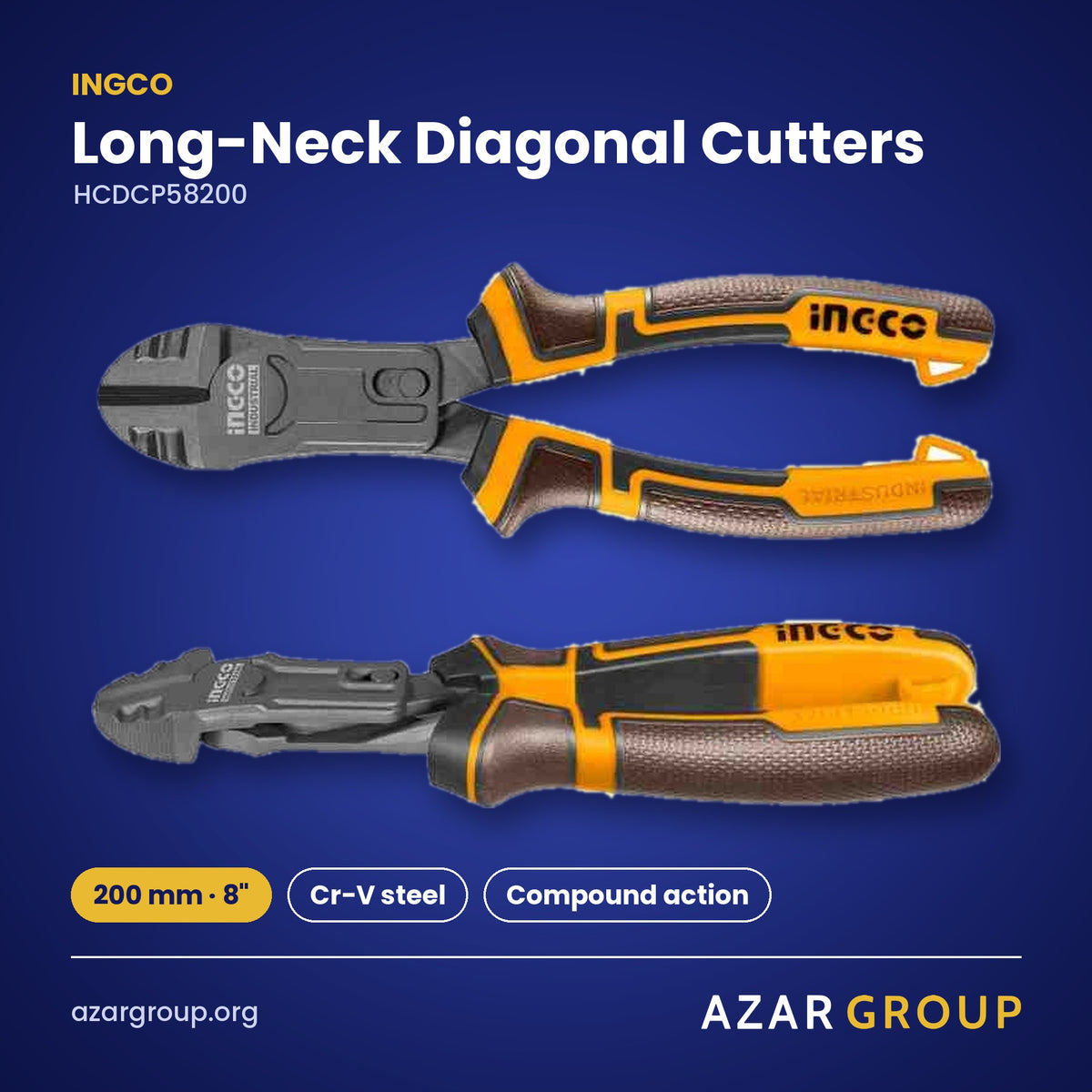 INGCO HCDCP58200 Long-Neck Diagonal Cutters – 200 mm · 8″, Cr-V steel, Compound action