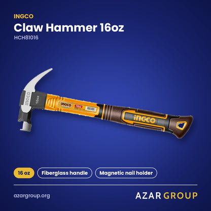 INGCO HCH81016 Claw Hammer 16oz – 16 oz, Fiberglass handle, Magnetic nail holder