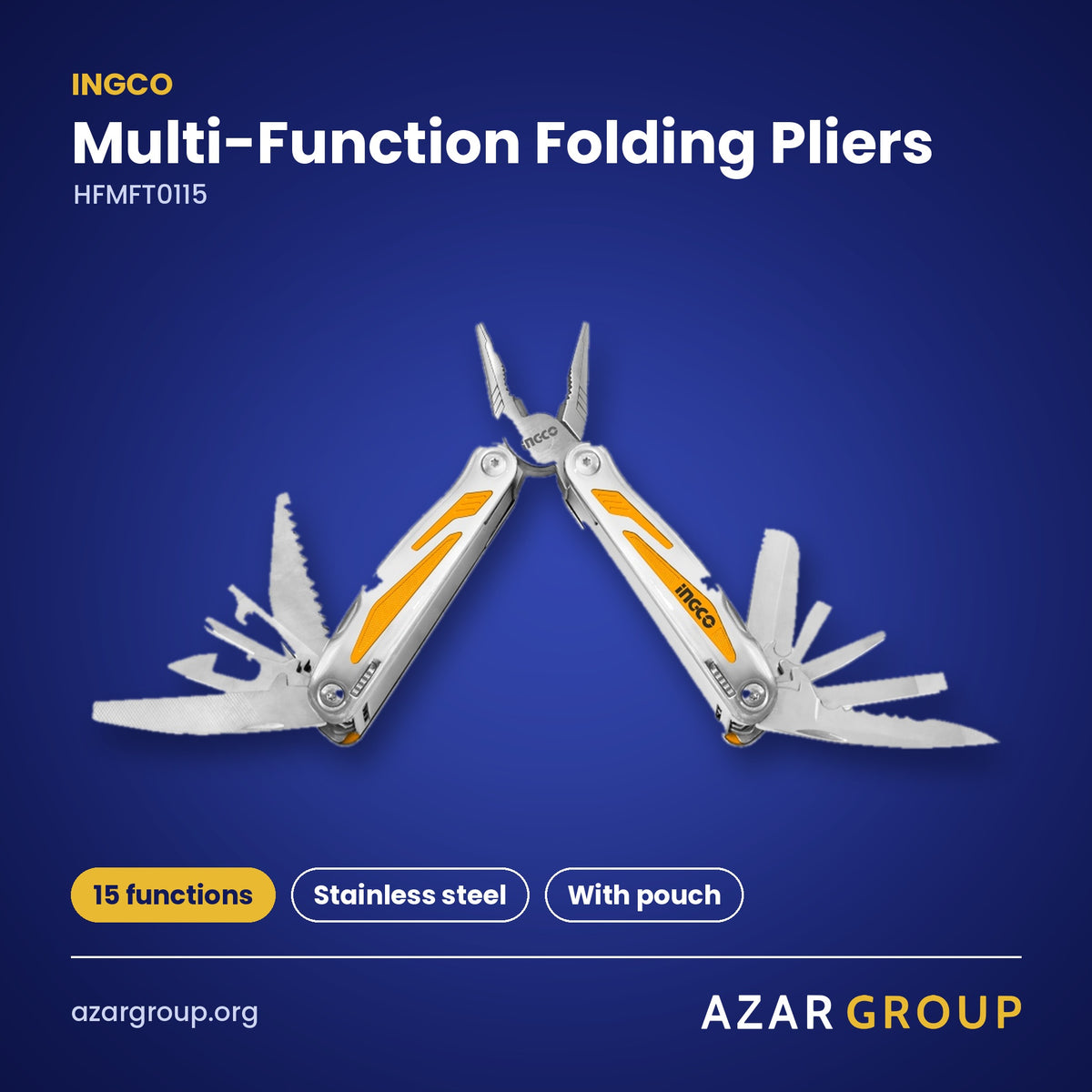 INGCO HFMFT0115 Multi-Function Folding Pliers – 15 functions, Stainless steel, With pouch