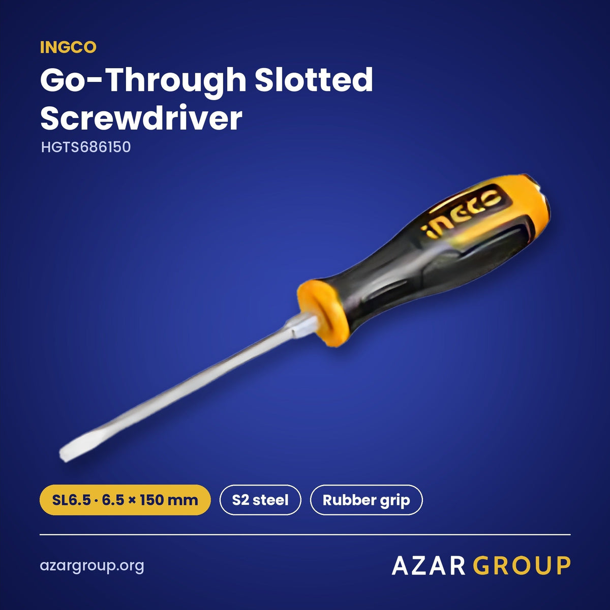 INGCO HGTS686150 Go-Through Slotted Screwdriver – SL6.5 · 6.5 × 150 mm, S2 steel, Rubber grip