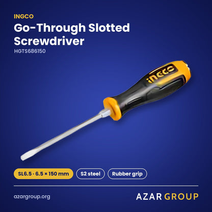 INGCO HGTS686150 Go-Through Slotted Screwdriver – SL6.5 · 6.5 × 150 mm, S2 steel, Rubber grip