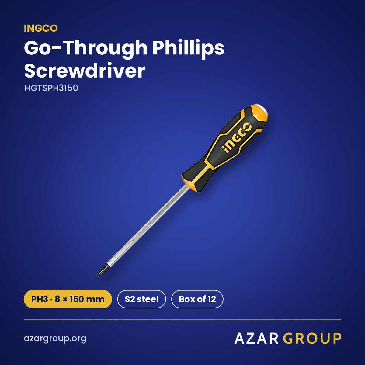 INGCO HGTSPH3150 Go-Through Phillips Screwdriver – PH3 · 8 × 150 mm, S2 steel, Box of 12