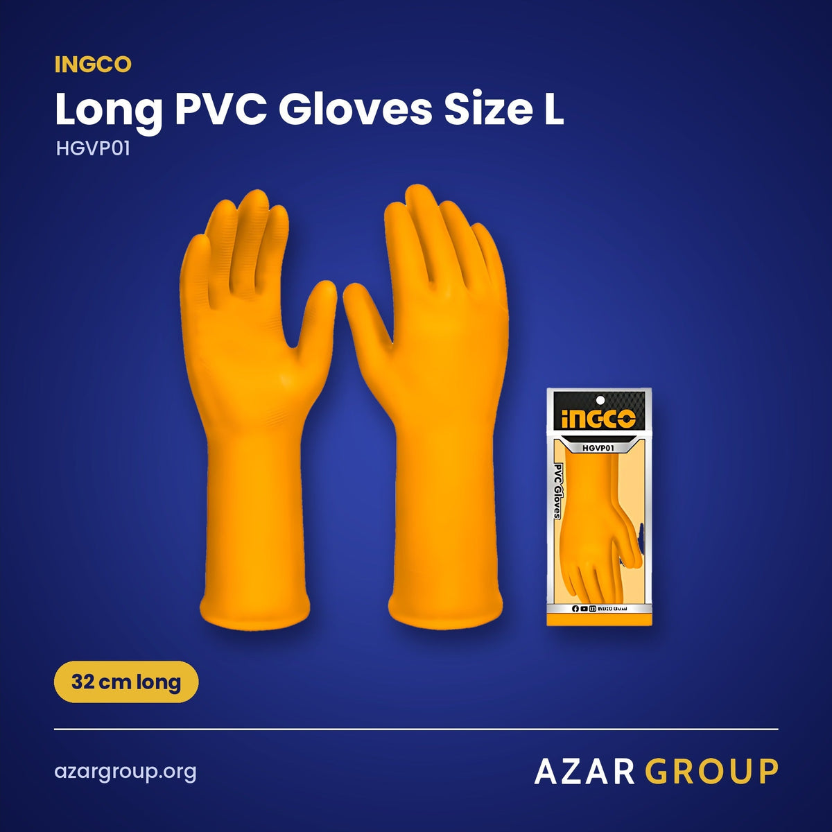 INGCO HGVP01 Long PVC Gloves Size L – 32 cm long