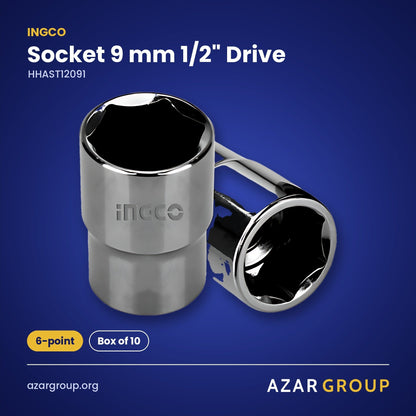 INGCO HHAST12091 Socket 9 mm 1/2" Drive – 6-point, Box of 10