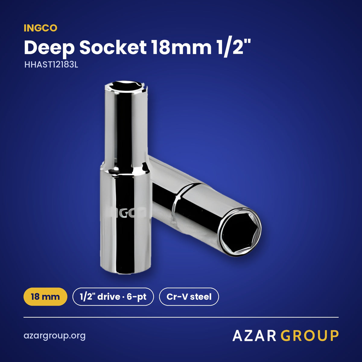 INGCO HHAST12183L Deep Socket 18mm 1/2″ – 18 mm, 1/2″ drive · 6-pt, Cr-V steel