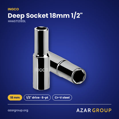 INGCO HHAST12183L Deep Socket 18mm 1/2″ – 18 mm, 1/2″ drive · 6-pt, Cr-V steel