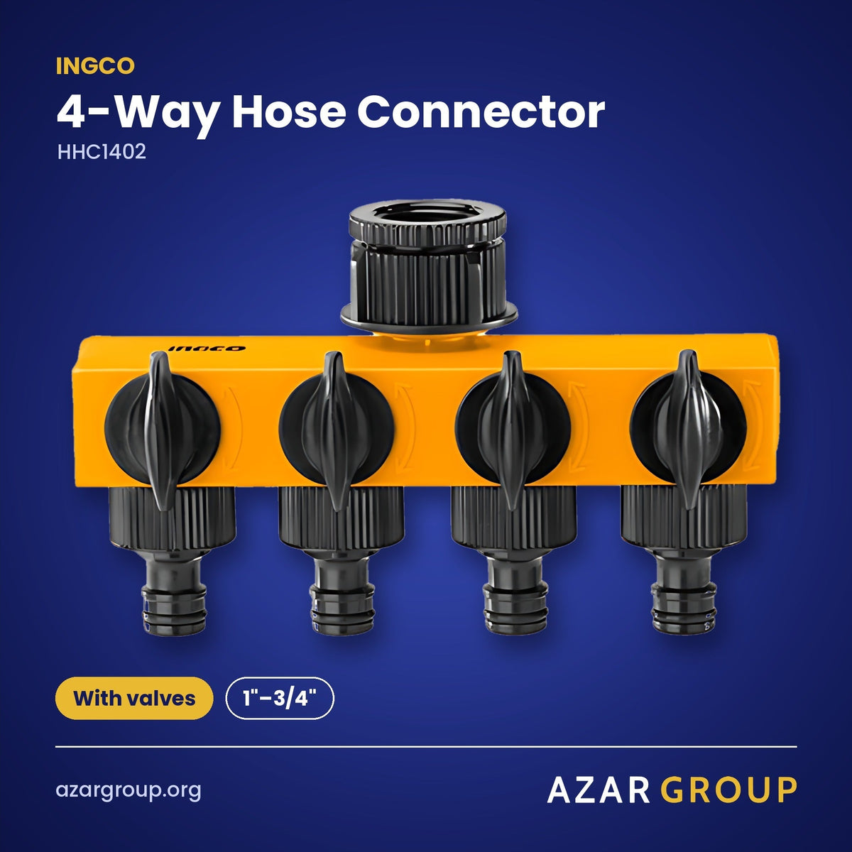 INGCO HHC1402 4-Way Hose Connector – With valves, 1"–3/4"