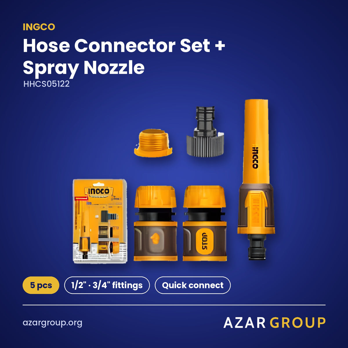 INGCO HHCS05122 Hose Connector Set + Spray Nozzle – 5 pcs, 1/2″ · 3/4″ fittings, Quick connect