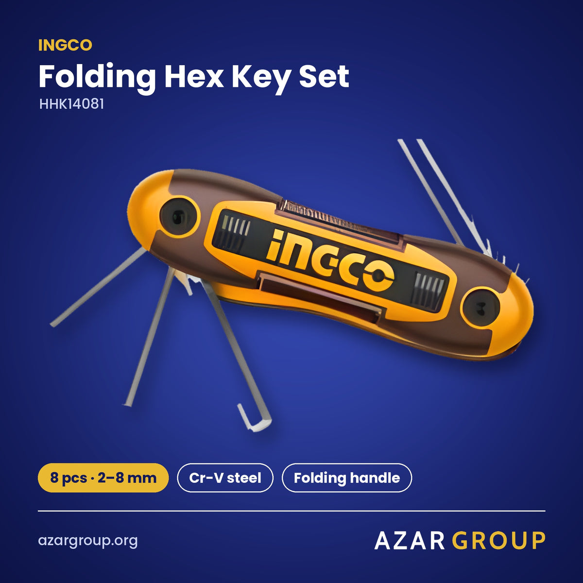 INGCO HHK14081 Folding Hex Key Set – 8 pcs · 2–8 mm, Cr-V steel, Folding handle