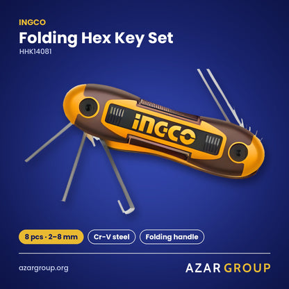 INGCO HHK14081 Folding Hex Key Set – 8 pcs · 2–8 mm, Cr-V steel, Folding handle