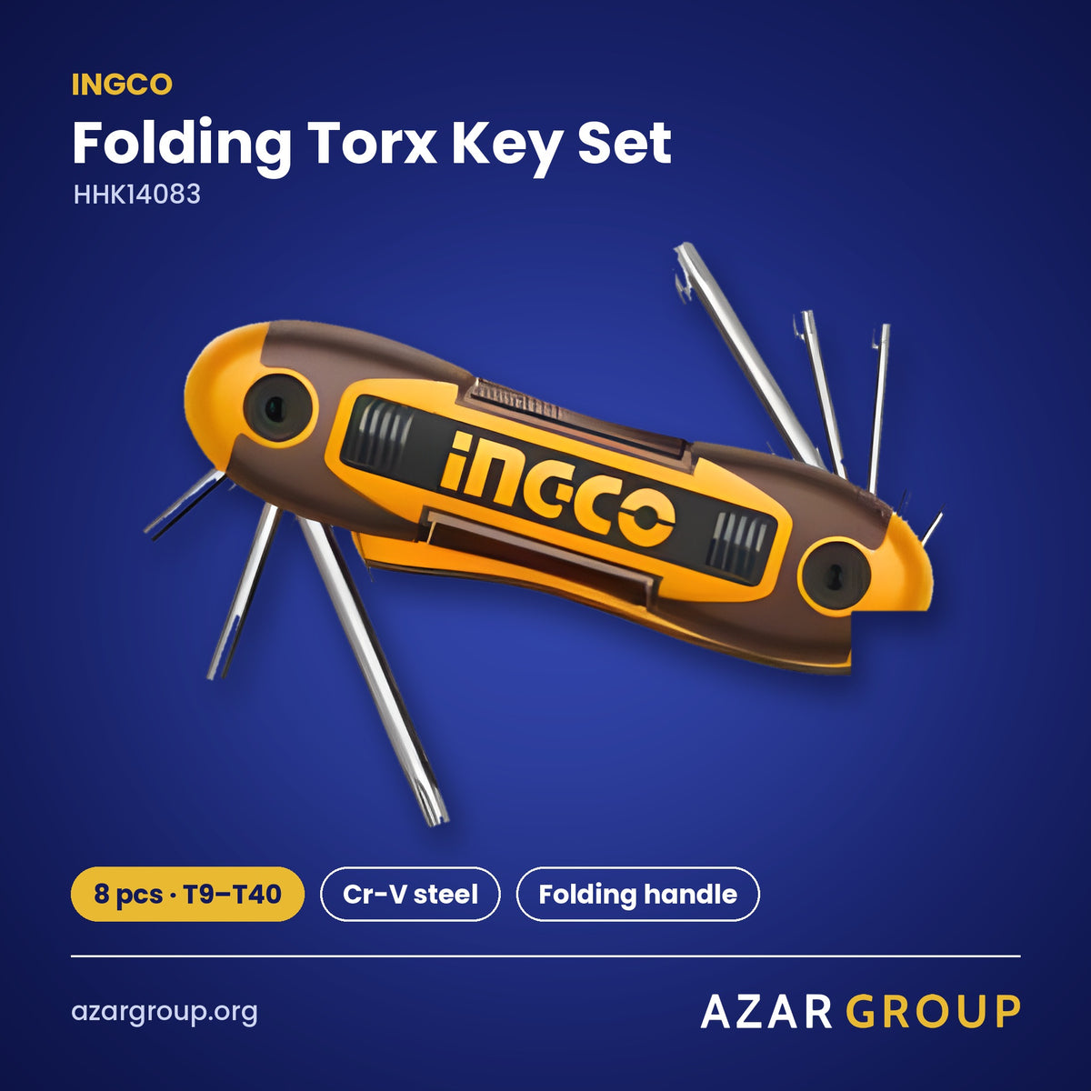 INGCO HHK14083 Folding Torx Key Set – 8 pcs · T9–T40, Cr-V steel, Folding handle
