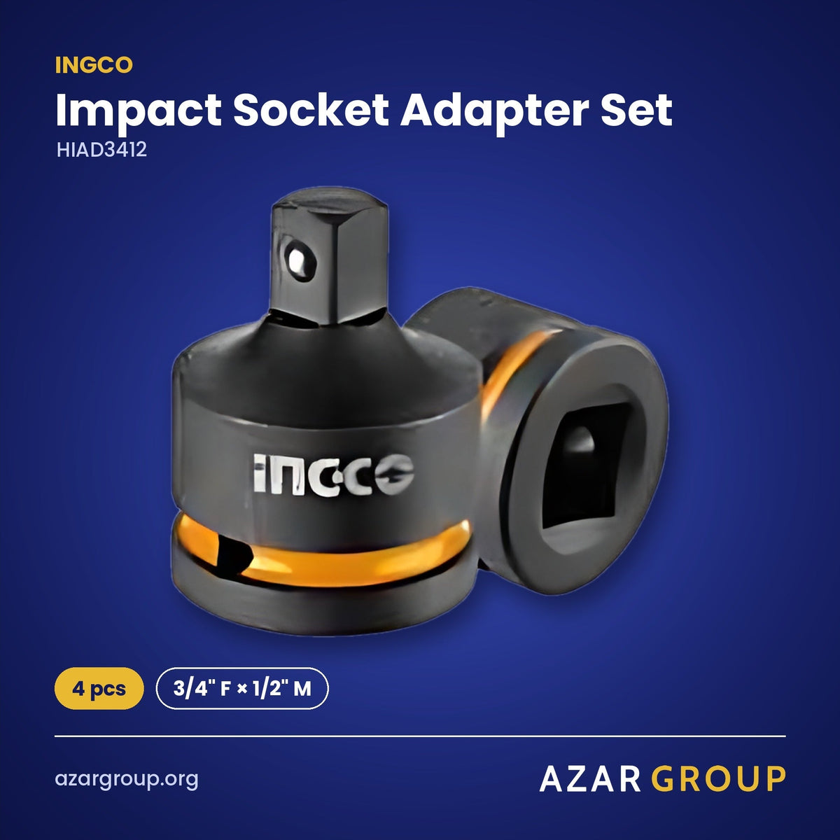 INGCO HIAD3412 Impact Socket Adapter Set – 4 pcs, 3/4" F × 1/2" M