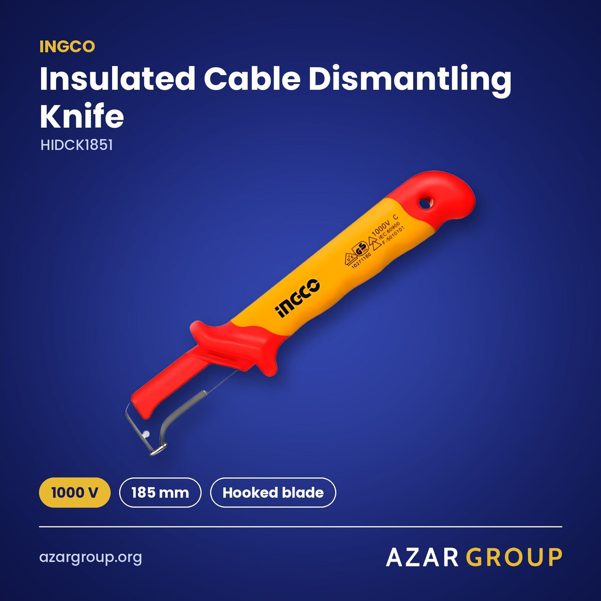 INGCO HIDCK1851 Insulated Cable Dismantling Knife – 1000 V, 185 mm, Hooked blade