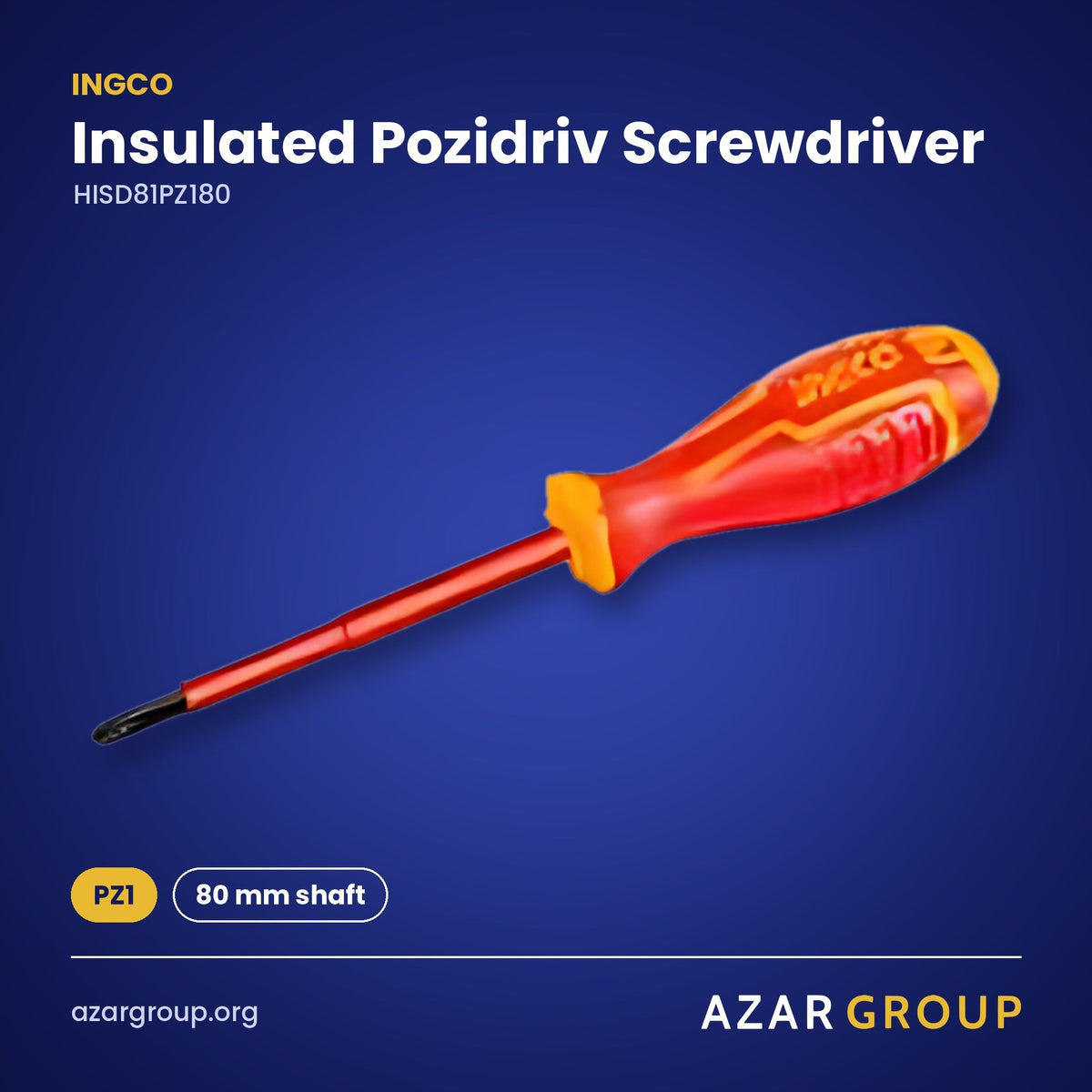 INGCO HISD81PZ180 Insulated Pozidriv Screwdriver – PZ1, 80 mm shaft