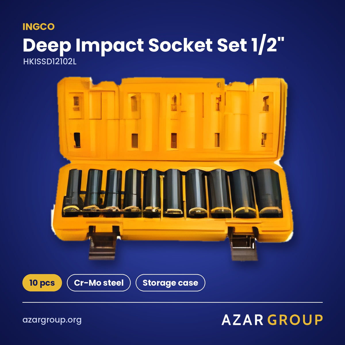 INGCO HKISSD12102L Deep Impact Socket Set 1/2″ – 10 pcs, Cr-Mo steel, Storage case